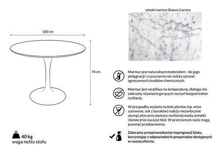 Stół TULIP MARBLE 100 CARRARA biały - blat okrągły marmurowy, metal